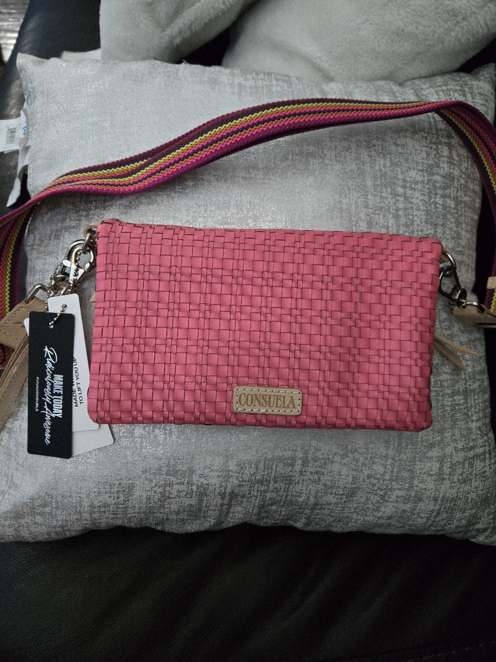 Consuela Coral Pink Textured Uptown Crossbody with Striped Adjustable Strap